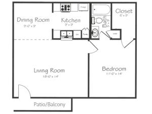 1 Bedroom 1 Bathroom Floorplan | Bayou Shadows Apartment Homes
