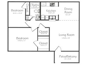 2 Bedroom 1 Bathroom Floorplan | Bayou Shadows Apartment Homes