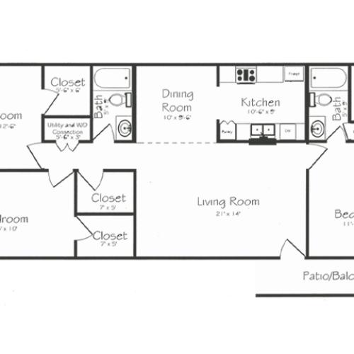 3 Bedroom 2 Bathroom Floorplan | Bayou Shadows Apartment Homes