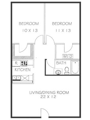 2 Bed 1 Bath Floorplan | Chateaux Dijon Apartments