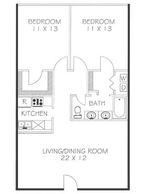 2 Bed 1.25 Bath Floorplan | Chateaux Dijon Apartments