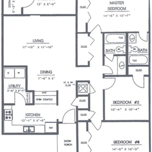 3 Bedroom 2 Bath Floorplan | Sycamore Point Apartment Homes
