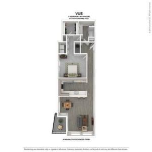 Vue Floor Plan | Rockwood | 1 Bedroom 1 Bath Apartment Floor Plan | Apartments for Rent in Kirkland WA | The Carillon Apartment Residences