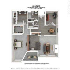 1 Bedroom 2 Bath Apartment Floor Plan | Apartments For Rent in Kirkland WA | The Carillon Apartment Residences