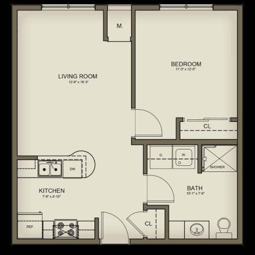 1x1 w/ Full Kitchen- 690 sq. ft.