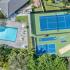 Drone overview of the gaming courts, pool and resident clubhouse.