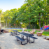Outdoor patio with grills, picnic tables, seating and playground & tennis court in background