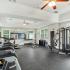 Fitness center with stairmaster, two stationary bikes, two ellipticals and two treadmills with floor space and free weights with benches