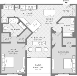 The Provencia two bedroom two bathroom floor plan, 1,188 sq. ft.