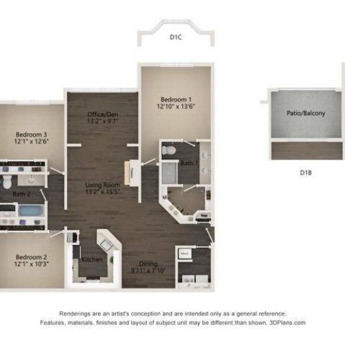 3 bedroom, 2 bathroom Renoir layout