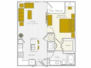 1 bedroom 1 bath apartment with kitchen island, private patio and 741 square feet