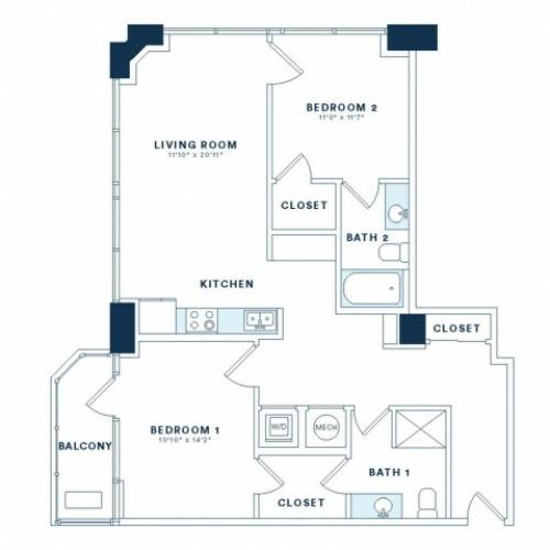 Two bedroom, two bath, kitchen , pantry, coat closet, living room, dinning room, two walk in closets, linen closet and patio and laundry room.