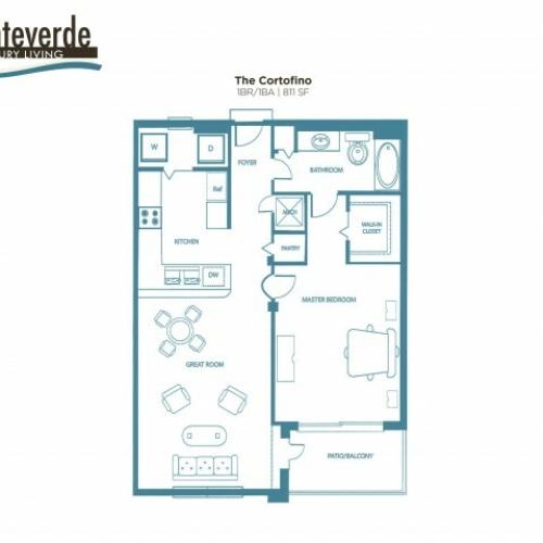 The Cortofino 1 bedroom 1 bathroom floor plan, 811 sq. ft.