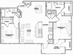 B1 two bed, two bath with dining room, kitchen island and patio/balcony