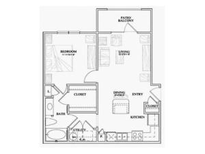 A1 one bed, one bath with kitchen island, walk in closet and patio/balcony