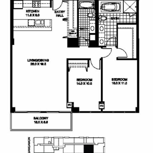 Two Bedroom Two Bathroom Floor Plan B12