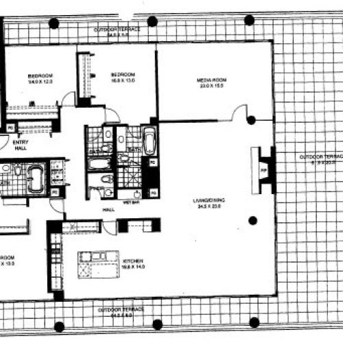 Three Bedroom Two Bathroom Floor Plan Penthouse 9 (1409)