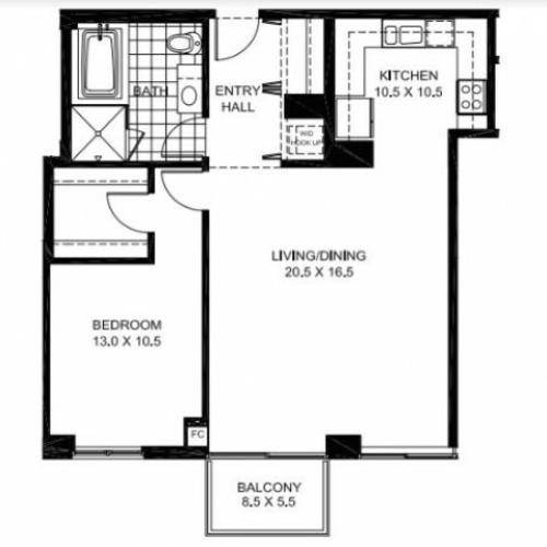 One Bedroom One Bathroom Floor Plan A3