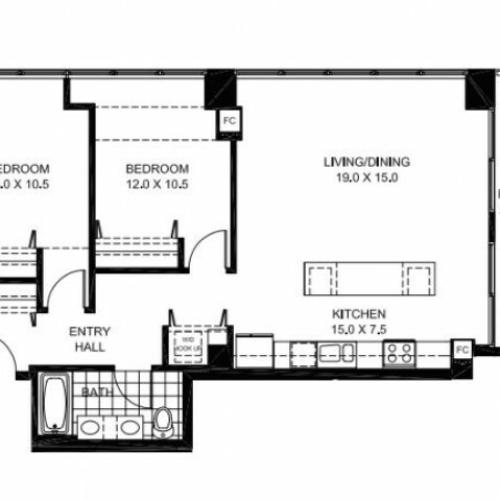Two Bedroom One Bathroom Floor Plan B15