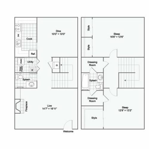 Two Bedroom One Bathroom 2 story townhome