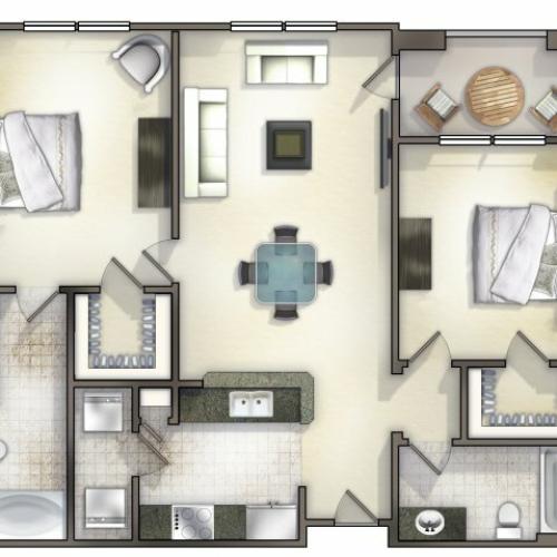 B1 two bed, two bath with large closet space and balcony