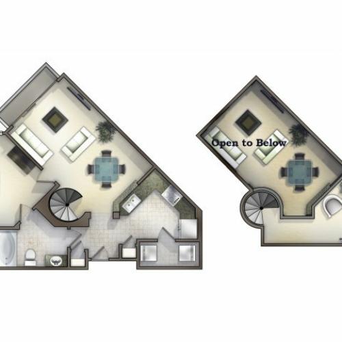 A1-4 one bed, one bath with open loft upstairs and balcony