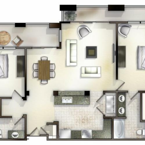 B2 two bed, two bath with attached balcony and large open concept living room