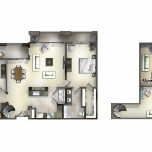 B2-4 two bed, two bath with sitting room on second floor and balcony space