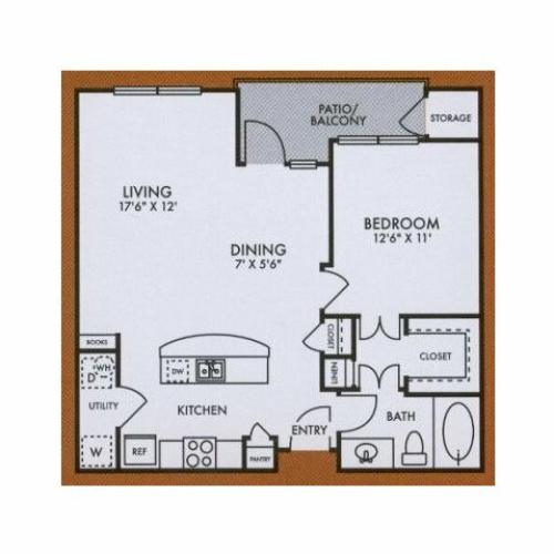 A4 one bed, one bath with large closet, dining room, kitchen island and patio/balcony