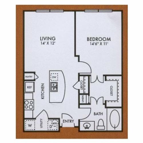 A2 one bed, one bath with kitchen island and walk in closet