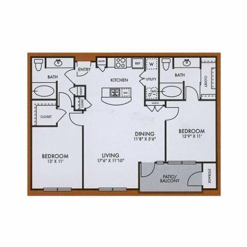 B1 two bed, two bath with dining room, patio/balcony and kitchen island