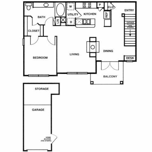 A4 one bed, one bath with attached garage, dining room and balcony