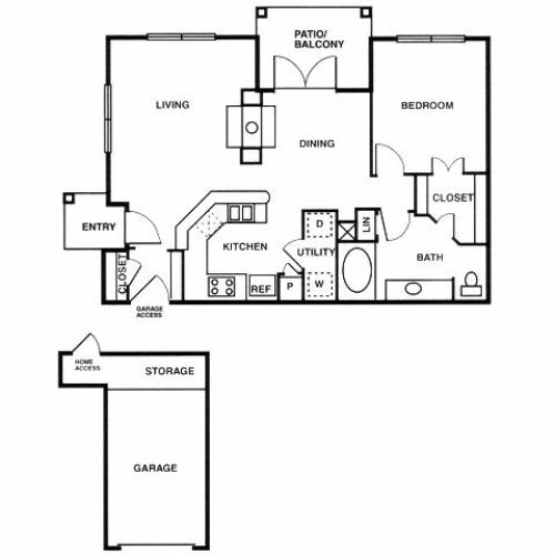 A6 one bed, one bath with attached garage, dining room and patio/balcony