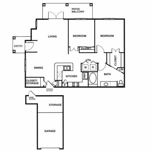 B1 two bed, one bath with attached garage, dining room and patio/balcony