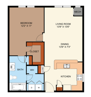 One bedroom/One Bathroom apartment with a walk-in closet, large kitchen, and laundry room.