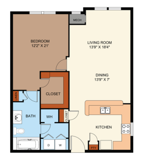 One Bedroom/One Bathroom apartment with a laundry room, linen closet, and entry coat closet.