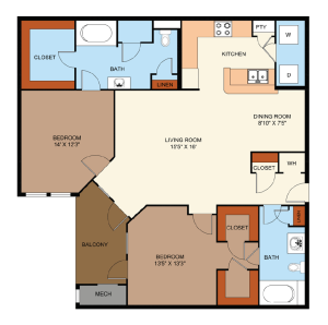 Two Bedroom/Two Bathroom apartment with walk-in closets, linen closets, and coat closets.