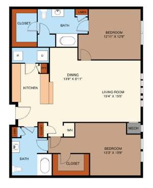 Two Bedroom/Two Bathroom Apartment with walk-in closets, laundry room, and kitchen pantry.