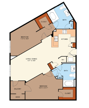 Two Bedroom/Two Bathroom Apartment with a balcony and L shaped kitchen