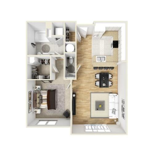 One Bedroom, One and a Half Bathroom Layout