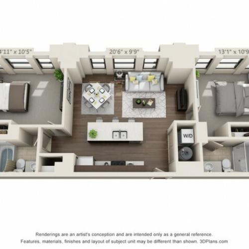 B01-TWO BEDROOMS/ TWO BATHROOMS- 900 Sq. Ft.