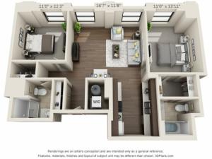 B02-TWO BEDROOMS/ TWO BATHROOMS- 976 Sq. Ft.
