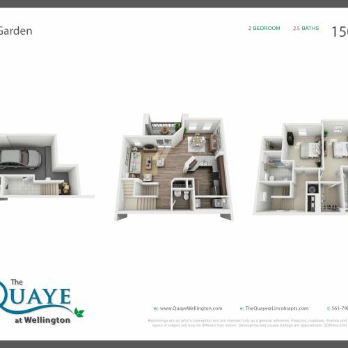 Garden two bedroom two and a half bathroom town home with single car garage 3D floor plan, 1,501 sq. ft.