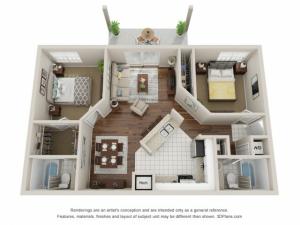 Two bedroom apartment 3D Floor Plan Tampa, FL
