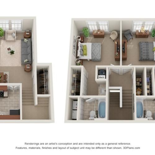 Two bedroom, two bathroom apartment.