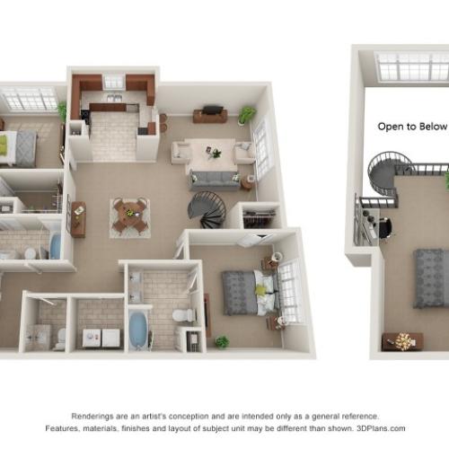 Two bedroom two and a half bathroom loft