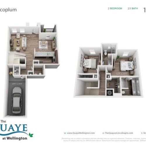 Cocoplum two bedroom two and a half bathroom town home with single car garage 3D floor plan, 1,429 sq. ft.