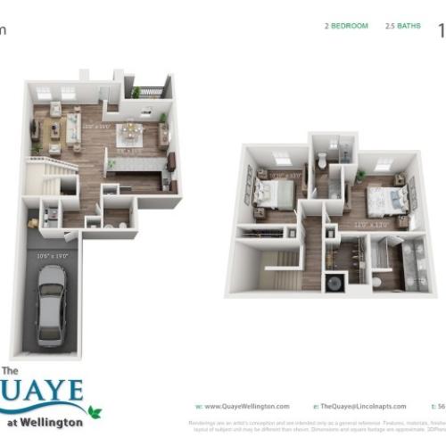 Elm two bedroom two and a half bathroom town home with single car garage 3D floor plan, 1,429 sq. ft.