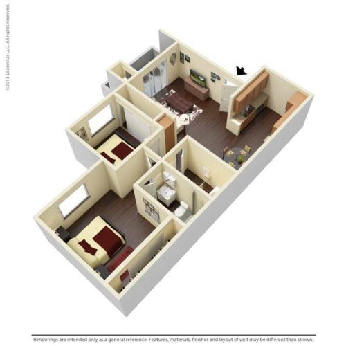 2x2B 3D Floor plan Image