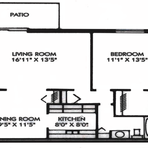 1 Bedroom, 1 Bath GROUND LEVEL W PATIO (754 sqft.)